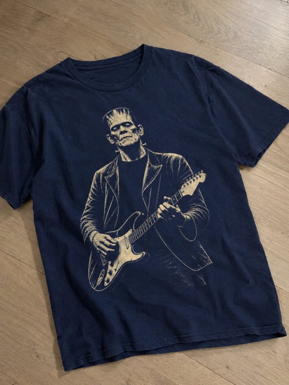 Frankenstein Monster Playing Guitar Vintage Navy Blue Graphic T-Shirt